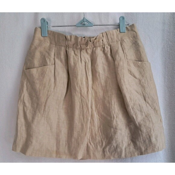 J. Crew Linen Blend Light Gold Pleated Front A-Line Mini Skirt Pockets Size 0 - Picture 1 of 8